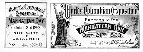 A ticket for Manhattan Day at The Columbian Exposition.